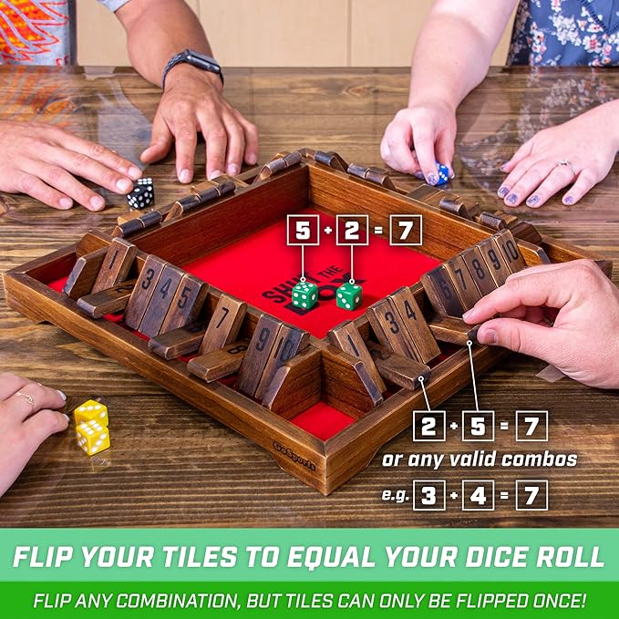 GoSports Shut the Box Premium Wooden Dice Game, Classic 4 Player Family Board Game - 10 Number Rows with Red Felt, Dice and Wood Stain Finish - For Kids and Adults