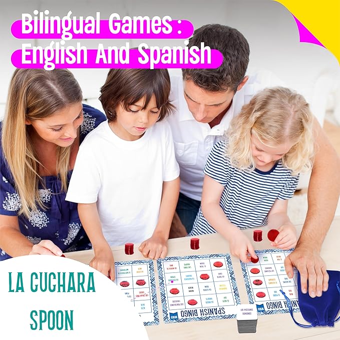 Spanish Bingo Game, 12 Vocabulary Bingo Board Game Bilingual Word Learning Educational Toys for Words Learning - Ages 5 and up (Up to 12 Players)