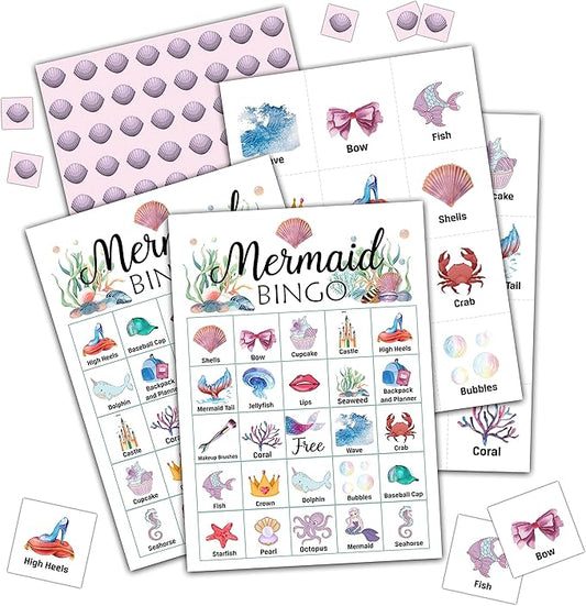 Ycyfckdr Mermaid Bingo Cards, Mermaid Party Games, Under The Sea Bingo Game for Adults, Outdoor, Indoor Games, School Party Game - 24 Players Bingo (B02)
