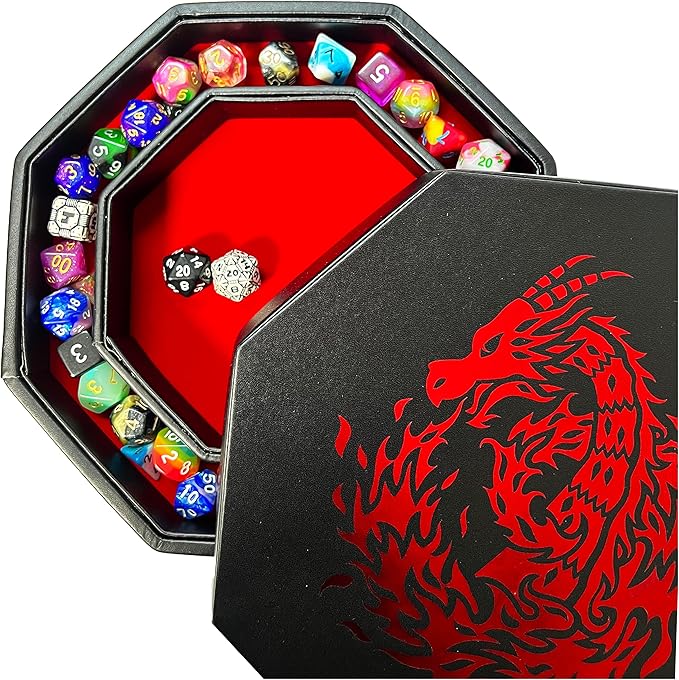 Red Fire Dragon Dice Tray with Lid – 9" Octagon with Dice Staging Area, Holds 5 Dice Sets – Ideal for Tabletop RPGs