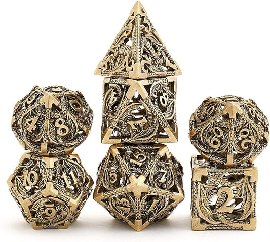 Hollow Metal DND Game Dice Dragon Shape Carved Antique Iron 7Pcs Set for Dungeons and Dragons RPG MTG Table Games D&D Pathfinder Shadowrun and Math Teaching (with Metal Case) ?-