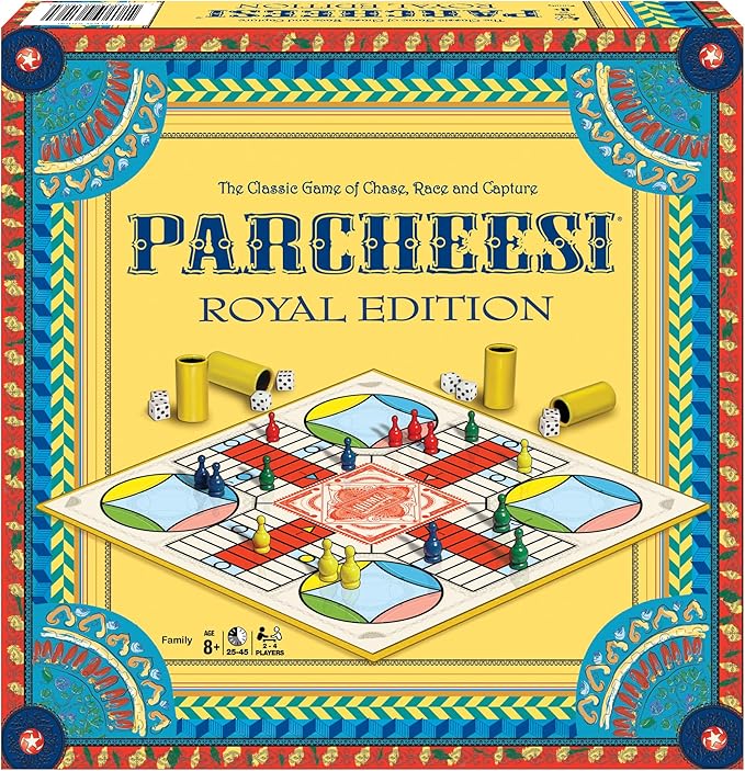 Parcheesi Royal Edition by Winning Moves Games USA, classic family favorite featuring charming artwork, tokens and dice cups for 2-4 players, Ages 8+ (6106)