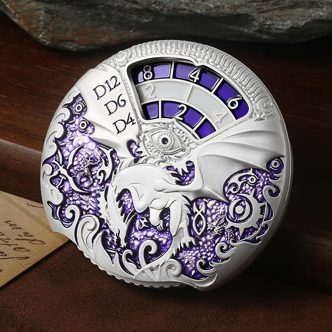 DNDND Dungeons and Dragons Roulette Spinner Dice 7-in-1 Spinner Metal D&D Dice Set with Gorgeous Gift Box for Dungeons and Dragon and Tabletop Game (Silver with Purple)