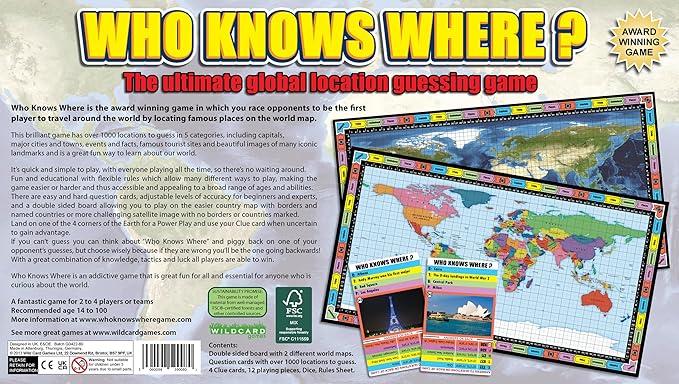 Who Knows Where? - The Location Guessing Educational Family Board Game for kids and adults, where You guess famous geography locations on a map of The world.