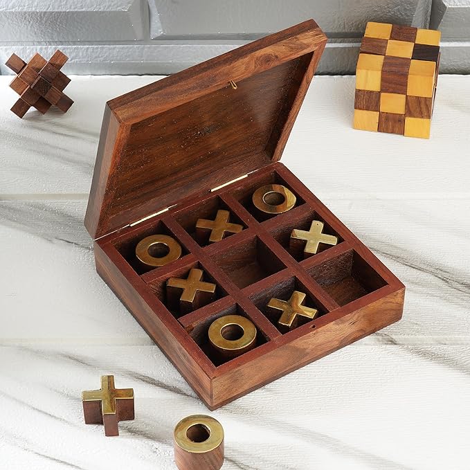 Ajuny Tic Tac Toe Wooden Board with Storage Box – Handcrafted in India with Brass Inlay, Stylish Tabletop Decor, 2 Player Family Toy for Indoor, Outdoor & Travel, Unique Gift Idea