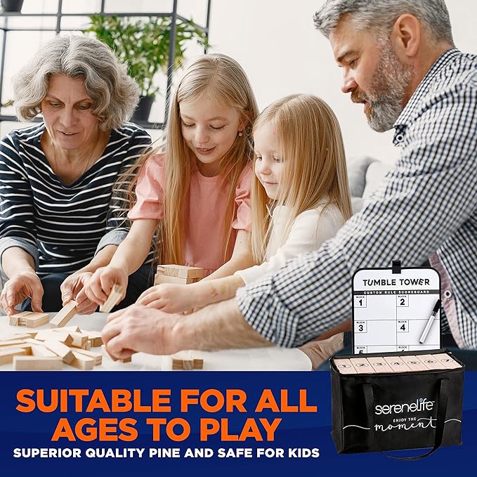 SereneLife 56 PCS Giant Tumble Tower for Indoor and Outdoor Games - Non-Toxic Stackable Timber Blocks Set Fit to Kids and Adults - Zippered Carrying Bag, Book Scoreboard and Offers Hours of Enjoyment