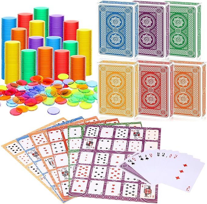 Zubebe 642 Pack Poker Keno Game Set, 36 Two-Sided Boards, 600 Transparent Scoring Chips, 6 Deck of Multicolor Playing Cards, Poker Bingo Set Keno Board Game for Gathering Activity Family Casino Night