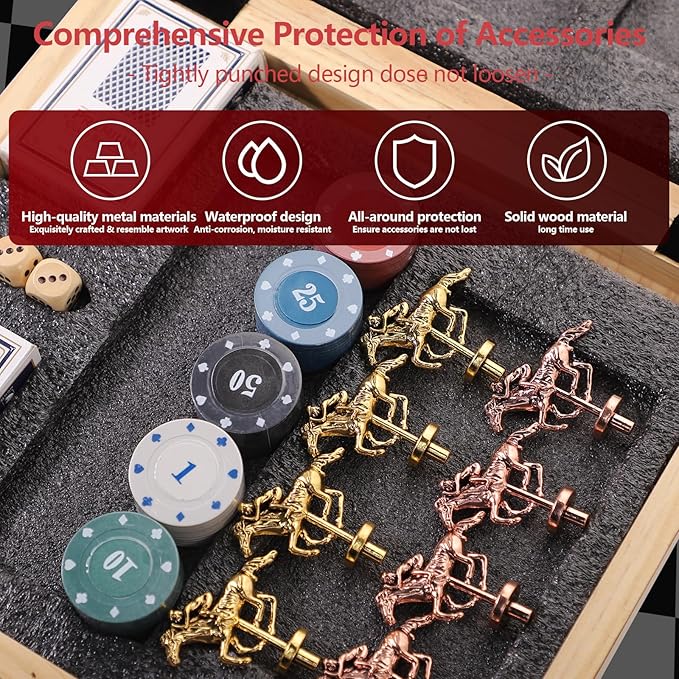 Wooden Finish Line Horse Racing Board Game Equipped with 11 Luxury Metal Craft Horses Adult Chessboard Including 2 Dice and 2 Boxes of Cards Folding Box Game Board (Light Flame)