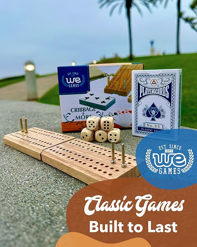 WE Games Travel Cribbage Board Game Set – Foldable 2-Track Mini Wooden Cribbage Board with Cards, Dice, Metal Pegs & Storage Bag – Portable Game