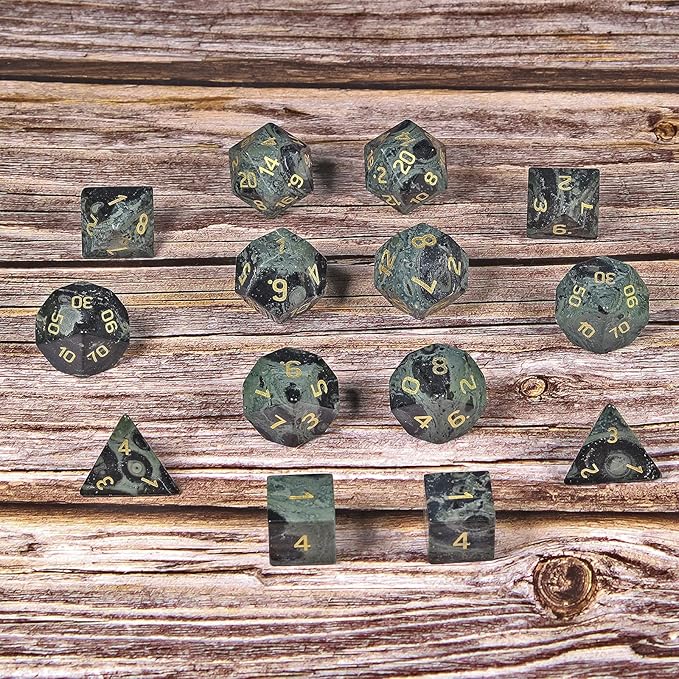TUMBEELLUWA Engraved Crystal Stone Polyhedral Dice Set for RPG MTG Dungeons and Dragons Table Game 7 Pieces DND Board Game Dices with Pouch, Kambaba Jasper