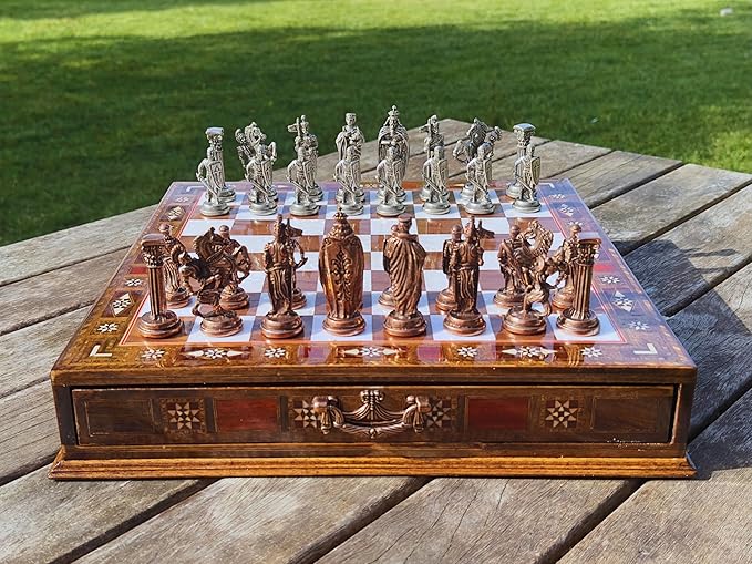 15’’ Handmade Chess Set with British Army Metal Chess Pieces, Luxury Storage Chess Board, for All Ages, Ideal for Father, (Walnut)