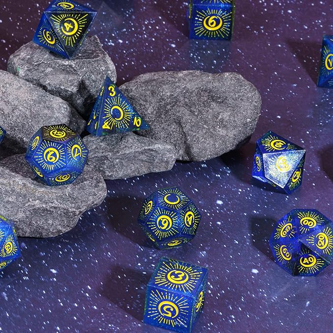 Cusdie Sharp Edges DND Dice, 7 PCs Moon Dice Set D&D Dice, Handcrafted Polyhedral Dice Set, for Role Playing Game Pathfinder(Moon/Blue Black)