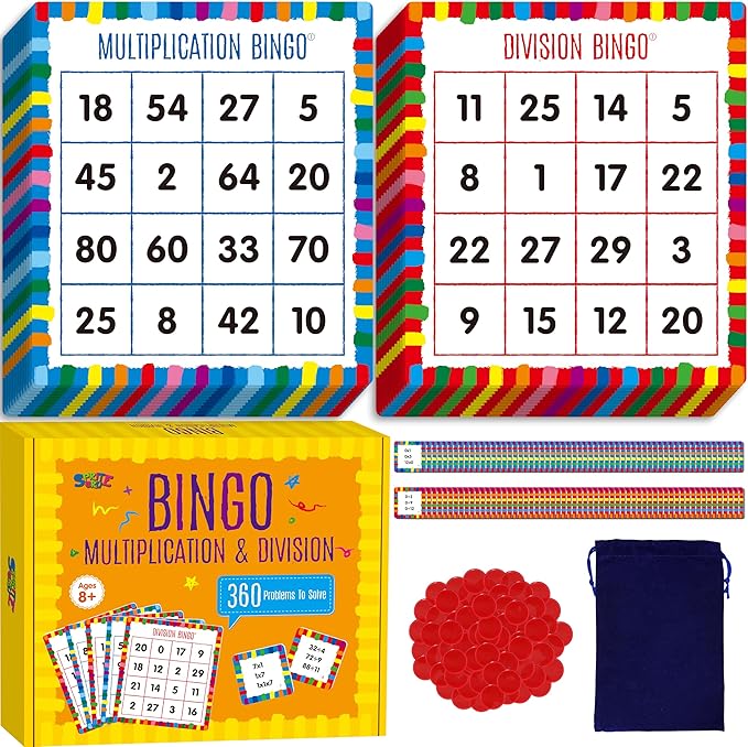 SpriteGru Multiplication & Division Bingo Game, 360 Math Problems, 2 Educational Math Board Game for Kindergarten and Preschool Kids 4-8, Perfect for Classroom & at Home