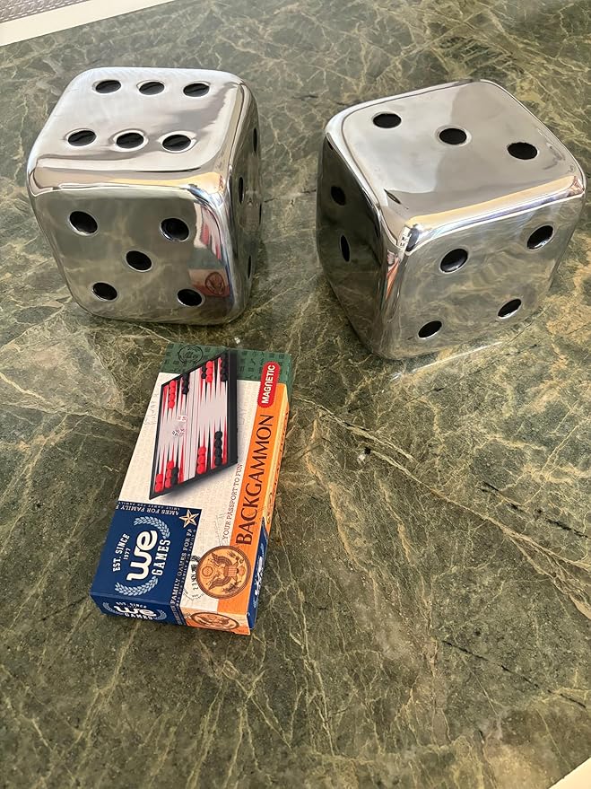 Modern Day Accents 4104 Dados Decorative Dice, Silver with Black Dots, Vegas Decor, Man Cave, Bar Decor Tabletop, Centerpiece, Sculpture, 6", Set of 2