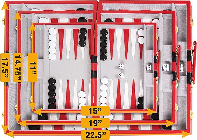 Backgammon Set 15 inch, Medium - Classic Board Game for Adults and Kids with Premium Leather Case - Includes Strategy & Tip Guide (Red)