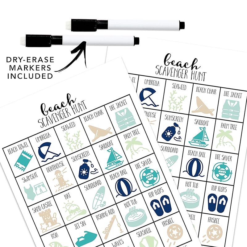 Beach Scavenger Hunt Games for Kids, Outdoor or Indoor, Birthday Party, Road Trip, Travel Activities, Includes 10 Dry Erase Markers and Cards, Family Game Night