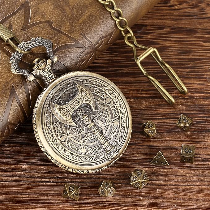 Mini DND Dice Set with Steampunk Barbarian Axe Pocket Watch Shell Case, 7pcs Polyhedral Metal DND Dice Set, D&D Gifts with Gift Box, Role Playing Board Games DND Accessories, Bronze