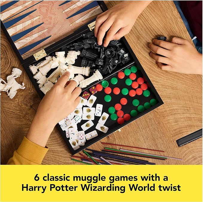 Spin Master Games, Wizarding World of Harry Potter Trunk of Games 6-in-1 Wooden Storage Box, for Muggle Fans of Harry Potter Movies, Chess Wizard, Pick-Up Wands & More, 2-4 Players, for Ages 8 & Up