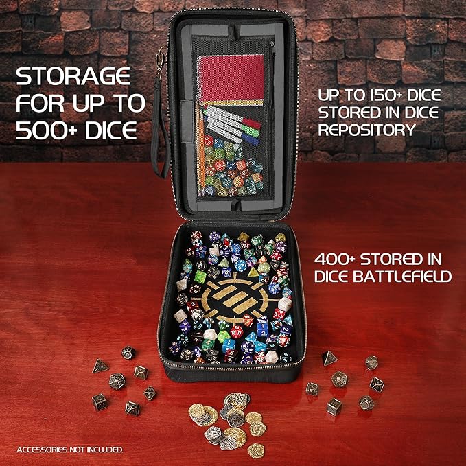 ENHANCE Tabletop Community DND Dice Case and Dice Rolling Tray - Dice Holder and Storage for up to 500 RPG Dice with Rugged Protective Design, Soft Interior, and Organizer Pockets (500 Dice Capacity)