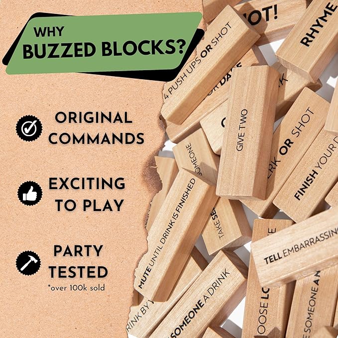 Adult Drinking Game - 54 Blocks with Hilarious Drinking Commands on 40 of Them | Perfect Party Starter | Entertaining Party Game for Adults | Novelty Funny Gift (Natural)