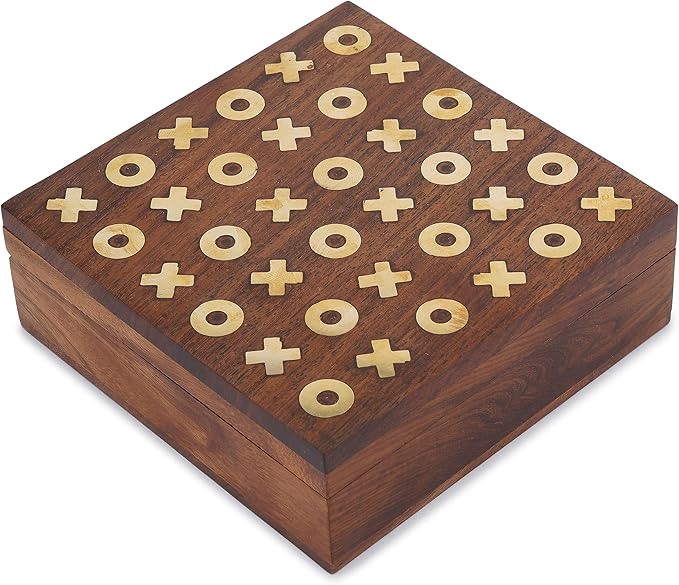 Ajuny Tic Tac Toe Wooden Board with Storage Box – Handcrafted in India with Brass Inlay, Stylish Tabletop Decor, 2 Player Family Toy for Indoor, Outdoor & Travel, Unique Gift Idea