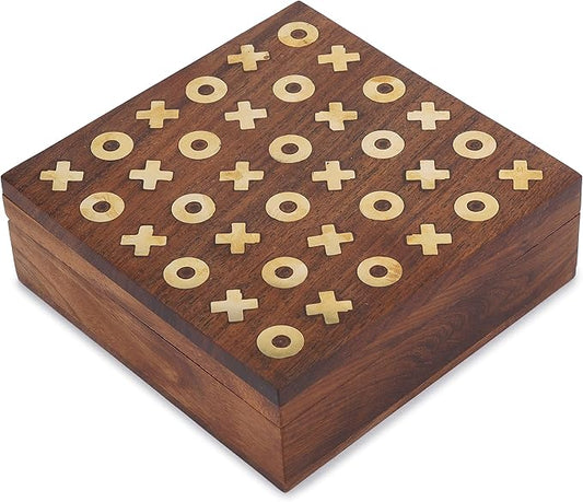 Ajuny Tic Tac Toe Wooden Board with Storage Box – Handcrafted in India with Brass Inlay, Stylish Tabletop Decor, 2 Player Family Toy for Indoor, Outdoor & Travel, Unique Gift Idea