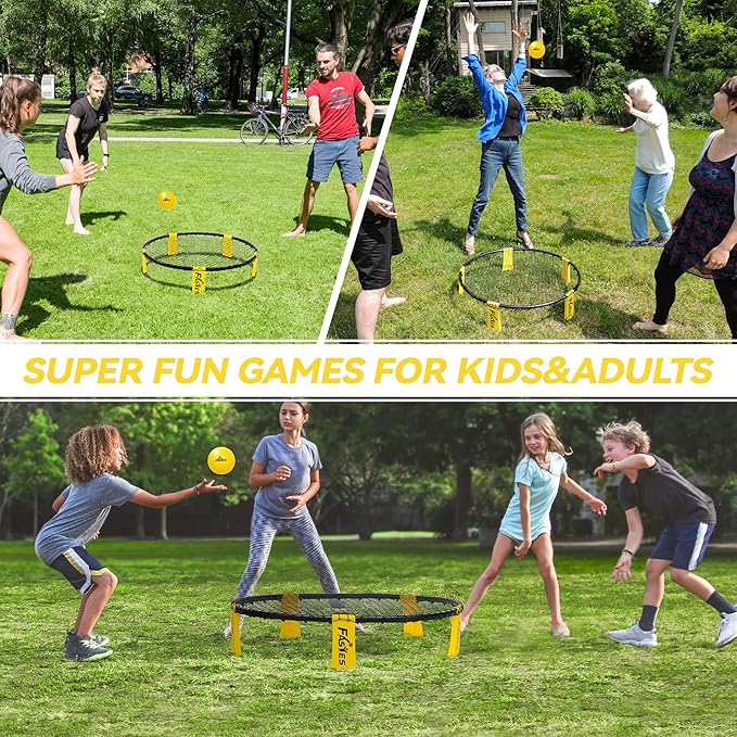 Outdoor Beach Ball Game Includes 3 Balls, Net and Carrying Bag -Roundnet Game Set for Adults, Kids, and Family - Perfect for Beach, Yard, Lawn, Backyard, and Park