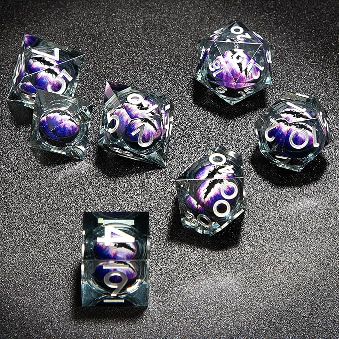 Dragon Eye Liquid Core Resin Dice Set 7 PCS Sharp Edges Handmade Craft with Gift Box Perfect for Dungeons and Dragons DND (Black-Purple)
