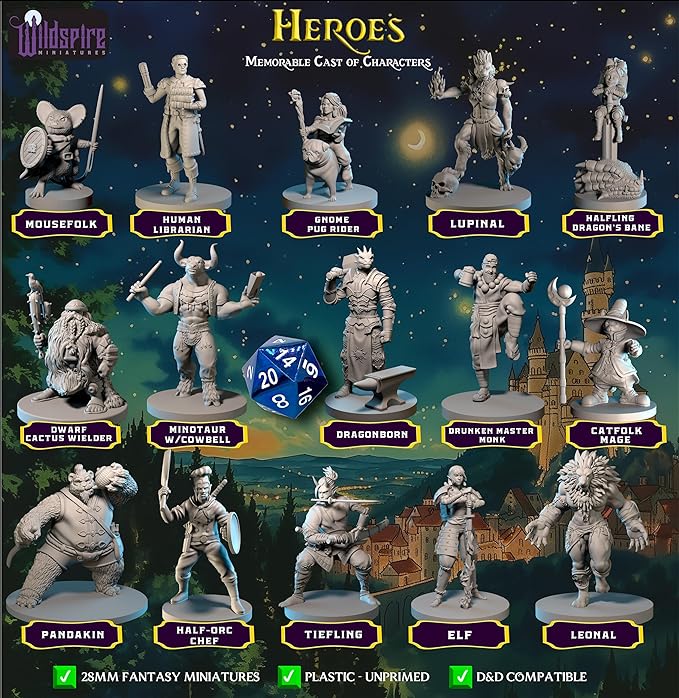 Heroes, NPC Animal Companions & Troll King for DND Miniatures Bulk 28mm-32mm Unpainted Paintable Dungeons and Dragons Minis Pathfinder Figures for Fantasy Tabletop Roleplaying Games like D&D