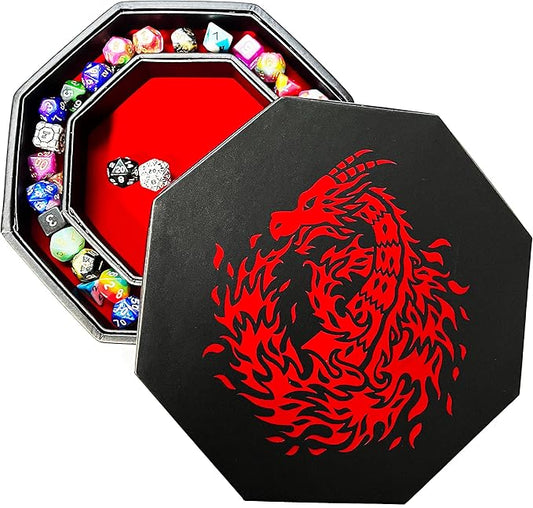 Red Fire Dragon Dice Tray with Lid – 9" Octagon with Dice Staging Area, Holds 5 Dice Sets – Ideal for Tabletop RPGs