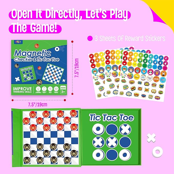 2 in 1 Checkers Set, Magnetic Game Board -Checkers & Tic-Tac-Toe, Thick Foam Checker Road Travel Game with 59 Reward Stickers for Young Kids Aged 3+