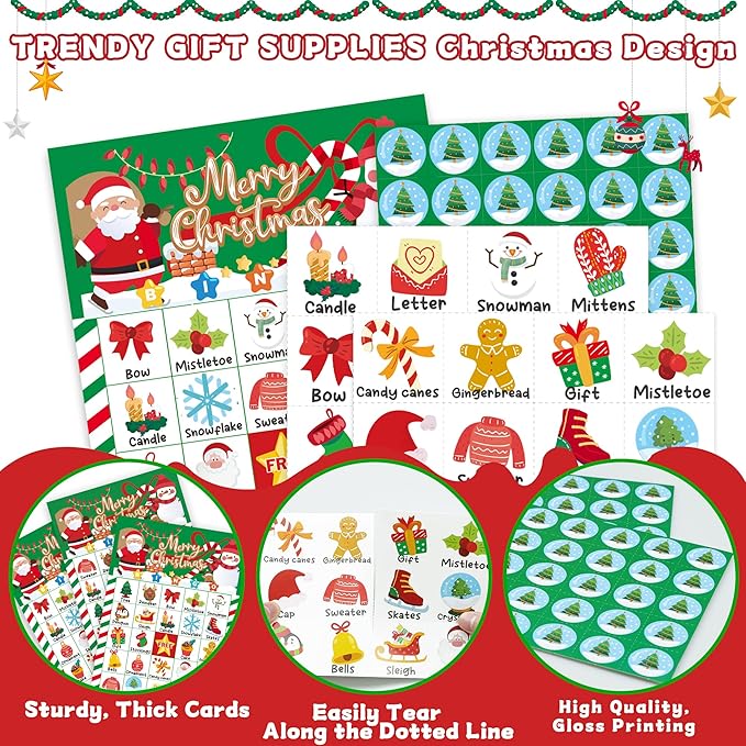 45PCS Christmas Bingo Game Cards for 24 Players Christmas Bingo Games for Classroom Activities Family Party Favors Xmas Gifts Holiday Supplies