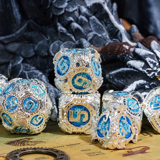 Metal Dice Set D&D, 7-Die DND Dice Metal Gear Dice with Gift Dice Bag for DND Dungeons and Dragons Role Playing Games (Silver Blue)