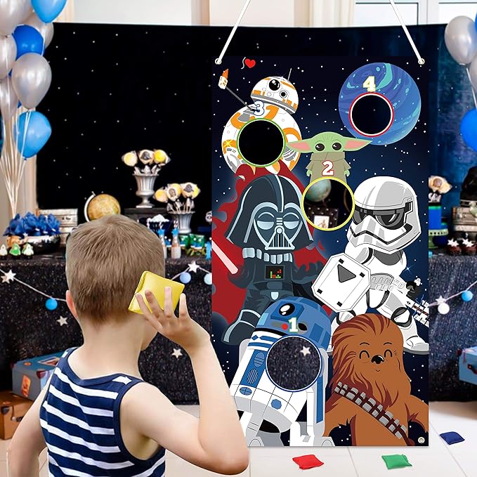 Galaxy Wars Toss Games with 4 Bean Bags - Indoor Outdoor Fun Throwing Game Backdrop Banner Party Activities Space Galaxy Wars Themed Birthday Party Favors Supplies Decoration for Kid Adult