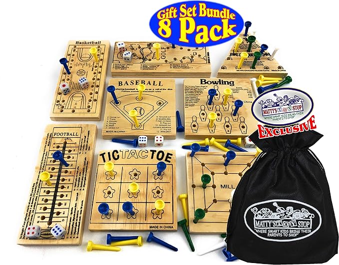 Matty's Toy Stop Deluxe Classic Peg Games Wood Puzzles (Baseball, Basketball, Bowling, Conqueror, Football, Golf, Mill & Tic Tac Toe) Gift Set Bundle with Bonus Storage Bag - 8 Pack