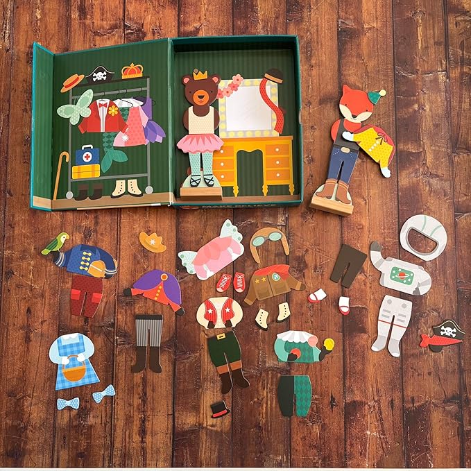 Petit Collage Magnetic Dress Up, Make-Believe Animal Costumes – Game Board with Mix and Match Pieces, Ideal for Ages 3+ – Includes 2 Dolls and 35 Creative Magnetic Pieces