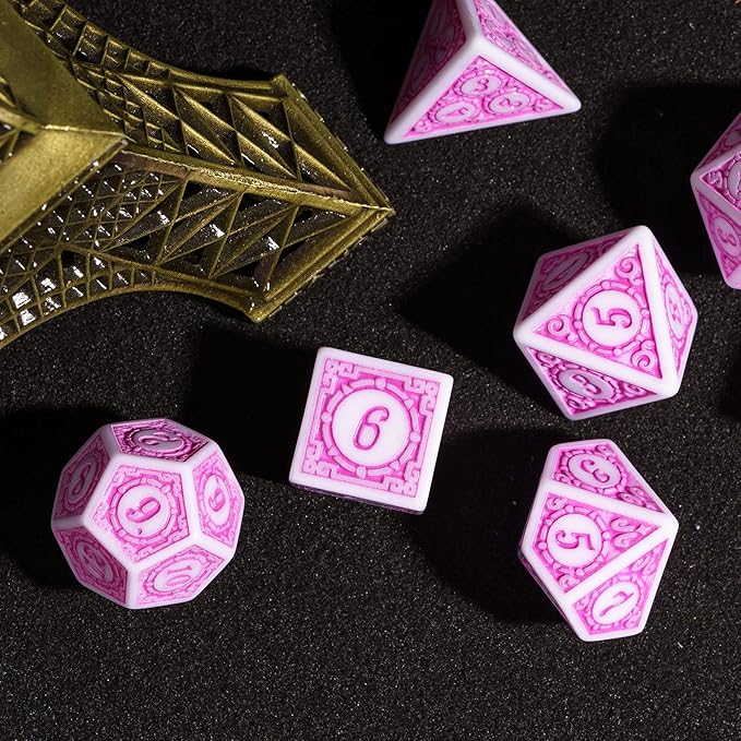7PCs DND Dice Set, Unique Window Lattice Pattern D&D Dice Set with Leather Dice Bag, Polyhedral Dice for Dungeons and Dragons, RPG, MTG Table Games (Pink/White)