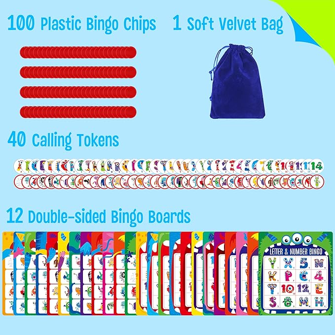 SpriteGru Monster Theme Bingo Game, Uppercase Letters & Numbers Learning, Alphabet ABC and 123 Bingo Board Game for Kids, Preschoolers, Perfect for Classroom & at Home (Up to 12 Players)