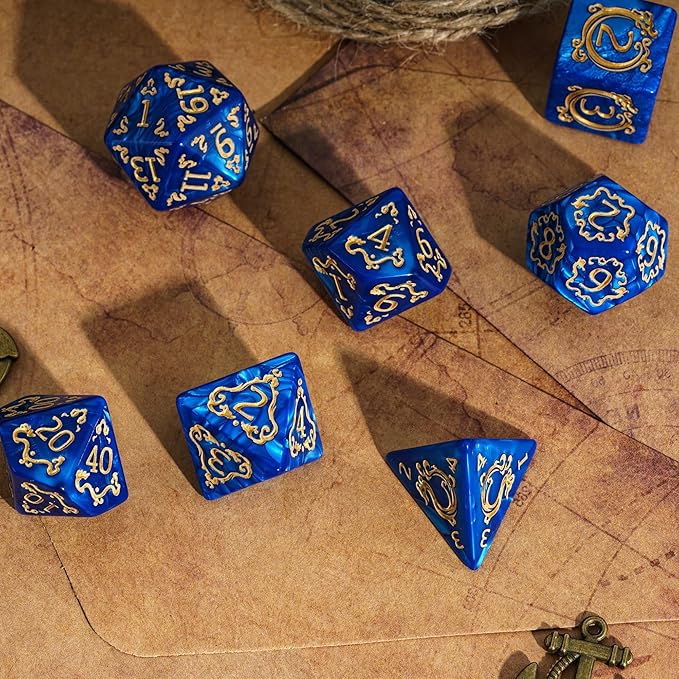 7-Die DND Dice Set Dragon Pattern Polyhedral Dice Set with Leather Bag D&D Dice Set for Dungeons and Dragons RPG MTG Table Games (Blue W/Gold Dragon Pattern)
