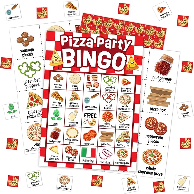 Pizza Party Bingo Card, Pizza Bingo Set for Adults Large Group Family Friends, Sleepover Party Game, Gourmet Food Bingo Kit for Birthday, Holiday Games for 24 Players -05