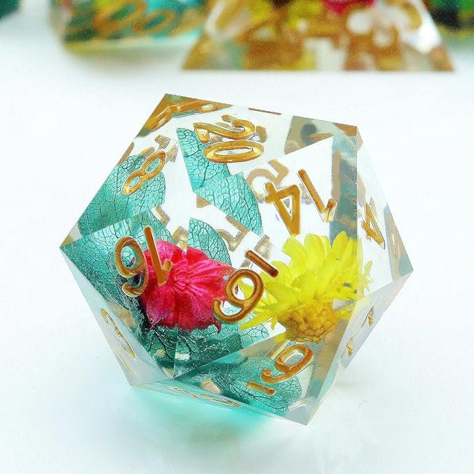 Haxtec Flower Sharp Edge Dice Resin DND Dice Set 7PCS Yellow Blue Red Polyhedral D&D Dice for Role Playing Dice Games as Dungeons and Dragons