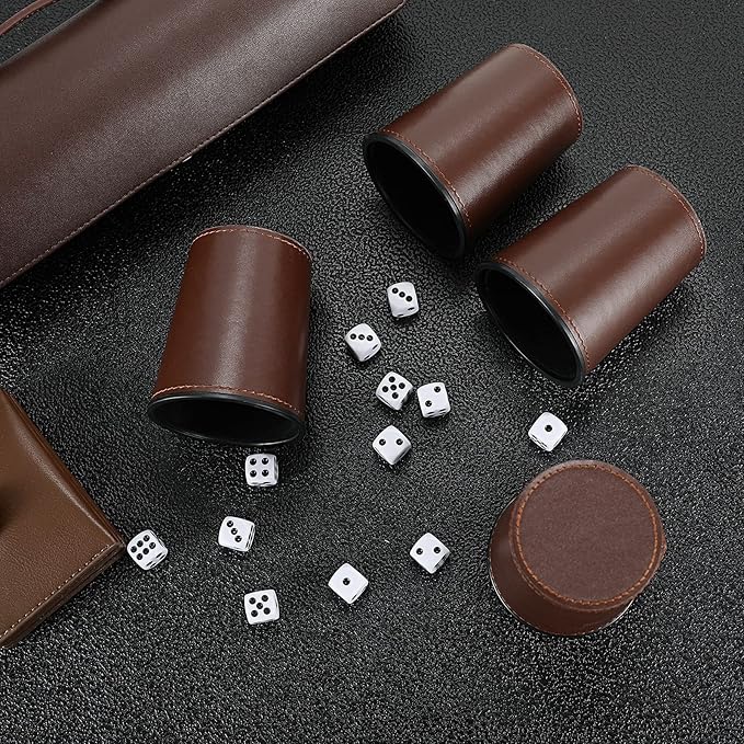 2 Set Leather Dice Cup Set, 10x Dice Cups + 50 Dice + Exclusive Storage and Transport Case Made of Faux (2 Pack Brown)
