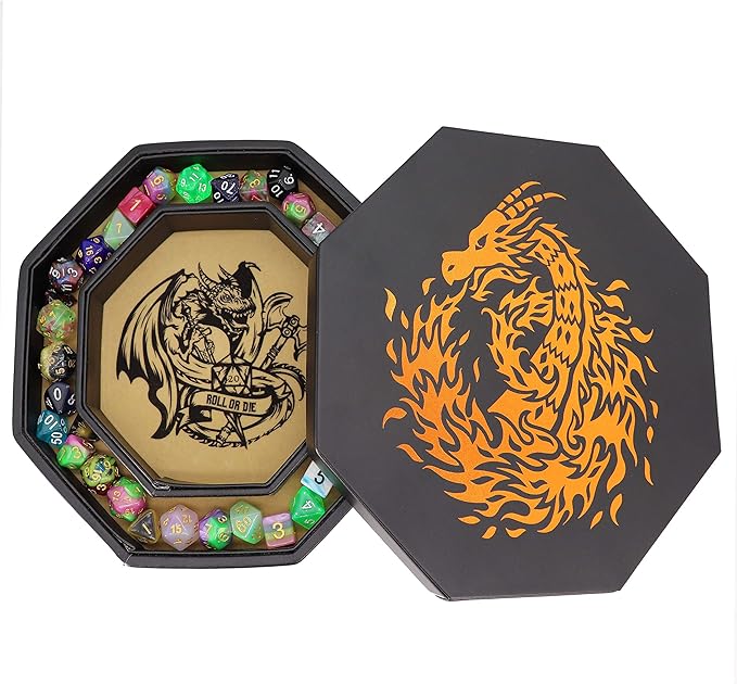 Fantasydice-Chromatic Dragon -with Roll or Die Artwork Dice Tray - 9" Octagon with Lid and Dice Staging Area- Holds 5 Sets of Dice(7 / Standard) for All Tabletop RPGs Like D&D, Call of Cthulhu