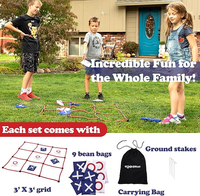 WonkaWoo Giant Tic Tac Toe Bean Bag Toss Game Playset, Large 3' x 3' Tic Tac Toe Rope Grid, Outdoors Lawn Yard Game for Family and Kids