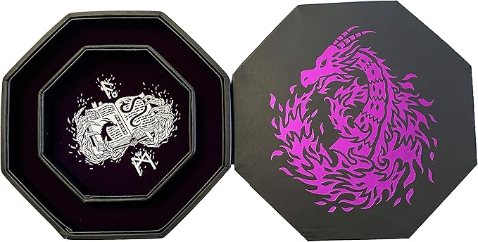 Purple Fire Dragon Dice Tray with Wizard Book Print – 9" Octagon with Dice Staging Area, Holds 5 Dice Sets – Perfect for D&D, Call of Cthulhu, Shadowrun, and All Tabletop RPGs