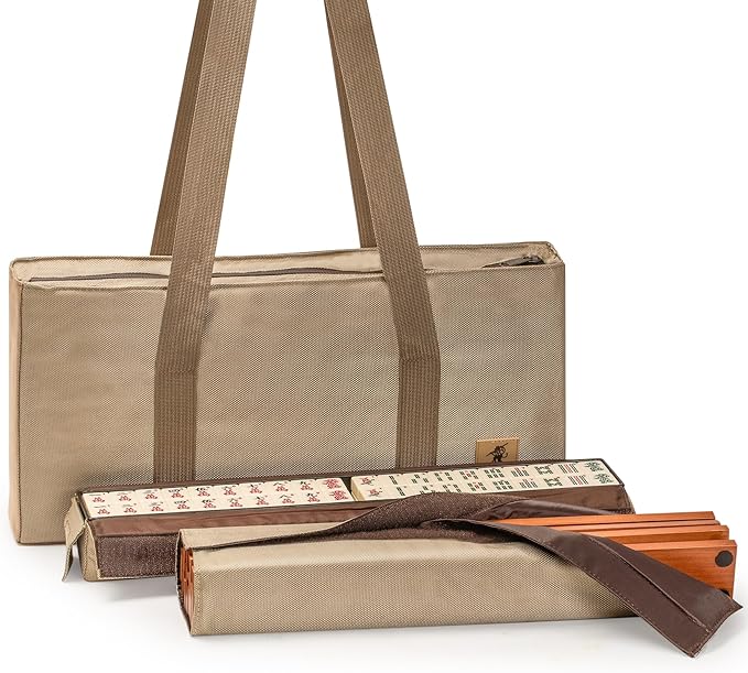 Yellow Mountain Imports American Mahjong Set, Mojave (Ivory) with Brown Soft Case, All-in-One Racks with Pushers, Wright Patterson Scoring Coins, Dice, & Wind Indicator