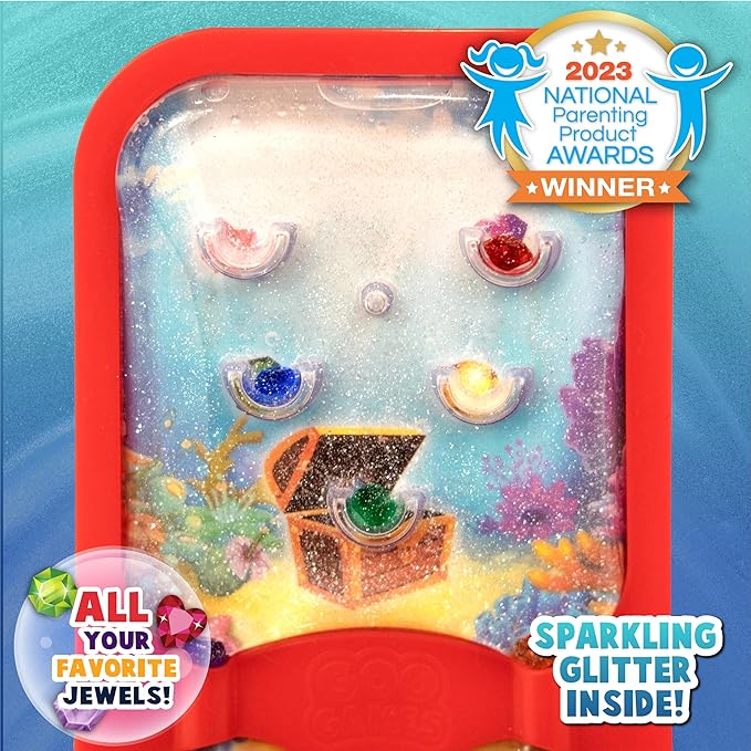GooGames, Hand-Held Water Games with Floating Treasures, Sensory Fidget Game Adventures, Non-Toxic, No-Mess, Mesmerizing Glitter Fun, 3 Game Cards Included, Refillable, Perfect Travel Toy! (Gems)