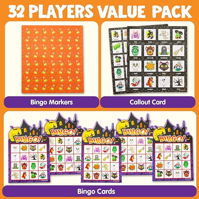 JOYIN 32 Players Halloween Bingo Game, Kids Bingo Cards Set for Large Group School Classroom Family Activities, Halloween Party Games, Halloween Party Supplies Card Game