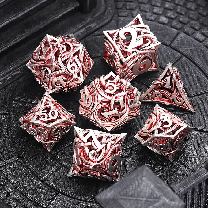DND Dice Metal for Dungeons and Dragon 7 Polyhedral Dice Set Hollow Metal Vine D&D Dice for Role Playing Game RPG (White Red)
