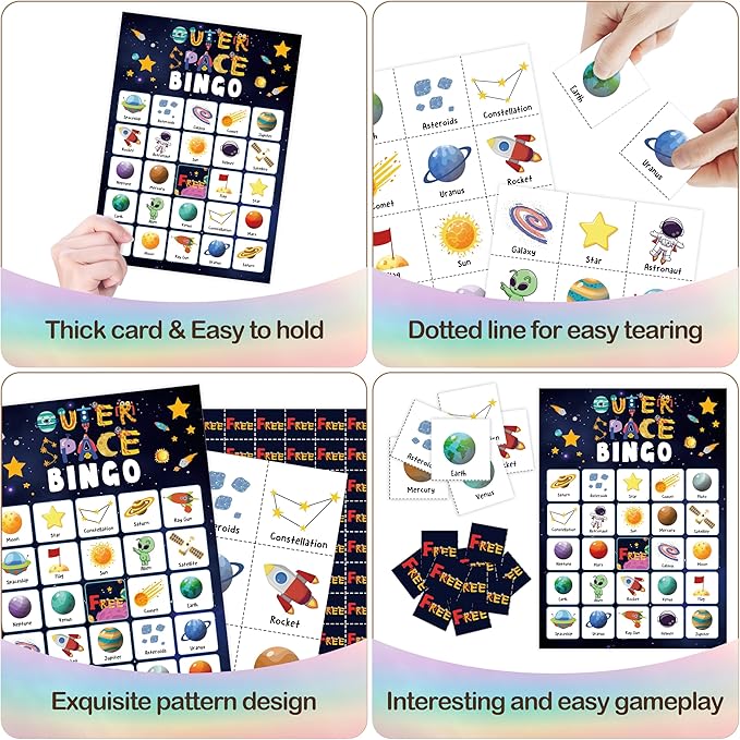 Outer Space Party Bingo Card, Solar System Birthday Bingo Game for Adults Family Friends, Astronomy Games Set for Birthday Party, Holiday Games for 24 Players -04
